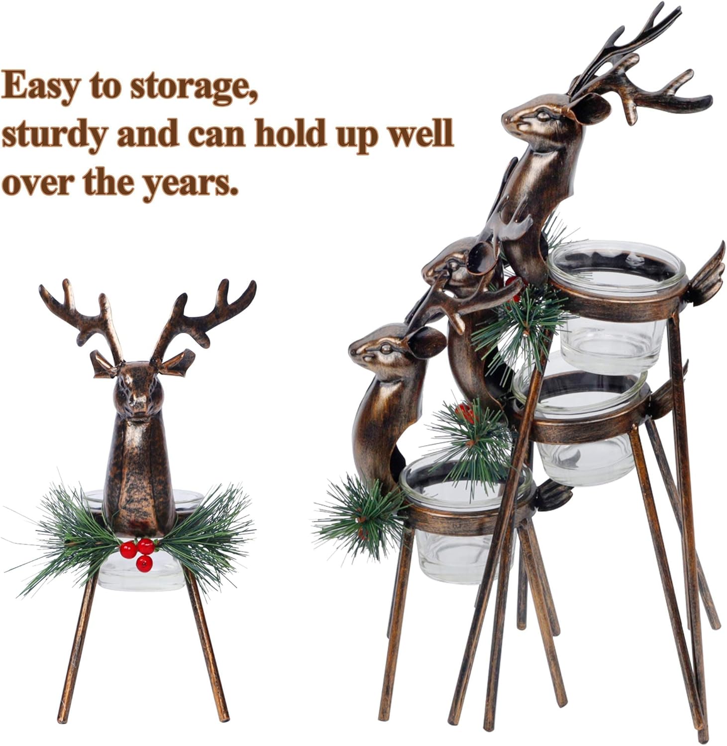 Juegoal Set of 3 Reindeer Tealight Candle Holders, Standing Iron Metal Christmas Decorations, Glass Votive Candle Holder, Durable and Rust-Proof Holiday Tabletop Centerpiece and Display